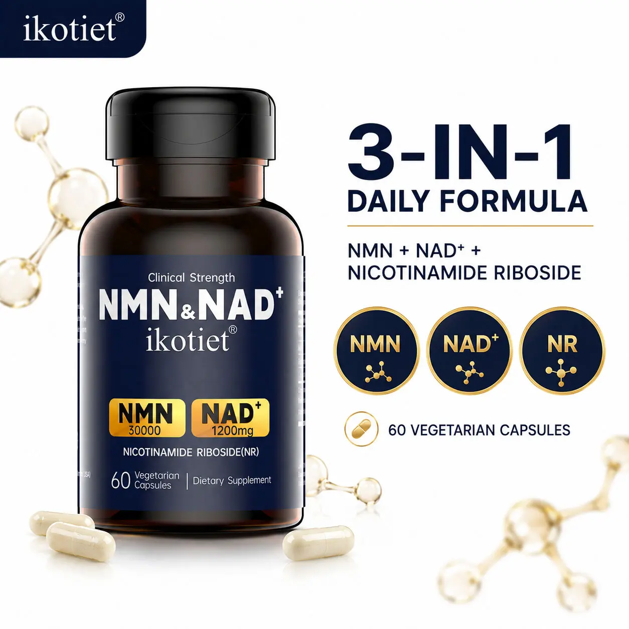 ikotiet NMN NAD+ NR Amino Acid Collagen Dietary Supplement - 60 Capsules, 30-Day Supply, 24-Month Shelf Life, Sugar-Free, Lactose-Free, FDA Registered, Cellular Energy Support, Healthy Antioxidant Activity, Adult Daily Energy Maintenance