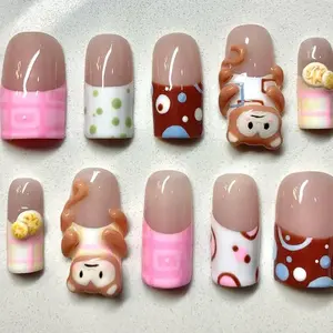 S39 Katy Nails –  Monkey Press-On Nails, 3D Cartoon Faces, French Tips, Custom Handmade Nail Art for Kawaii Lovers, Summer Vibes, Funny & Sweet, Gift for her
