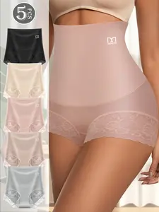 QUASTI Women's High Waisted Lace Panties 5 Pcs – Tummy Control Full Coverage Briefs, Soft Breathable Stretch Underwear with Floral Lace, Comfortable Shaping Panties for Everyday Wear, Workout, Date Night or Gift S-XXL High Waist Panty