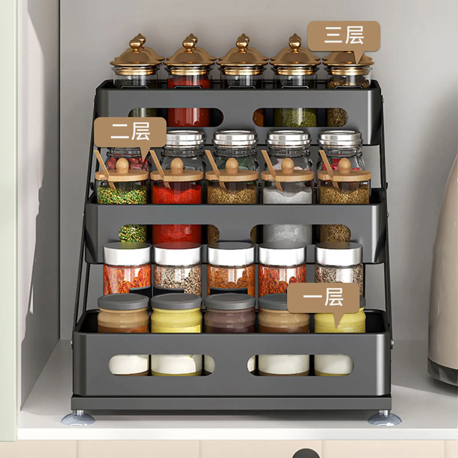 Gaomon 3-Layer Carbon Steel Triangular Spice Organiser - Adjustable Height Clip-On Shelf with Stable Suction Base, Countertop Spice Storage for Oil, Salt, Sauce, Vinegar & Condiments, Home Organizer Rack