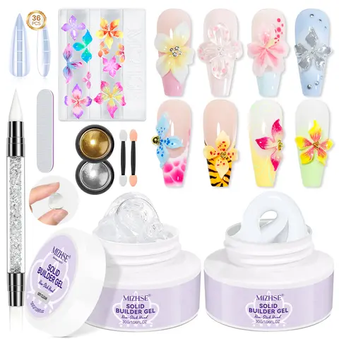 MIZHSE 2×30g Solid 3D Art Builder Gel Nail Polish - Clear-Based, Chrome Nails Supply, 36 Pcs Kit for Easy Flower & Shape Sculpting, White Glitter Manicure Decorations