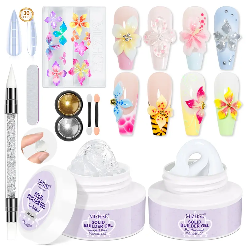MIZHSE 2×30g Solid 3D Art Builder Gel Nail Polish - Clear-Based, Chrome Nails Supply, 36 Pcs Kit for Easy Flower & Shape Sculpting, White Glitter Manicure Decorations