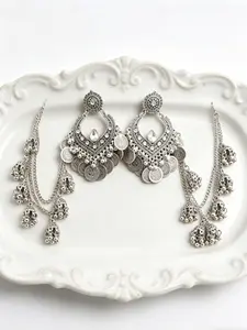 Boho Coin Bell Earring Hair Accessory Set, Vintage Silver Color, Intricate Hollow Design, Ethnic Style, Versatile for Weddings & Vacations