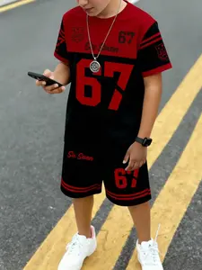 Boys' Summer Short Sleeve Two-Piece Set, Number 67 Design, Stylish Streetwear, Trendy Kids Fashion, Comfortable and Cool