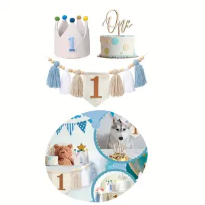 Boy First Birthday Party Decorations Blue High Chair Banner 1st Birthday Crown Cake Topper 1st Decor