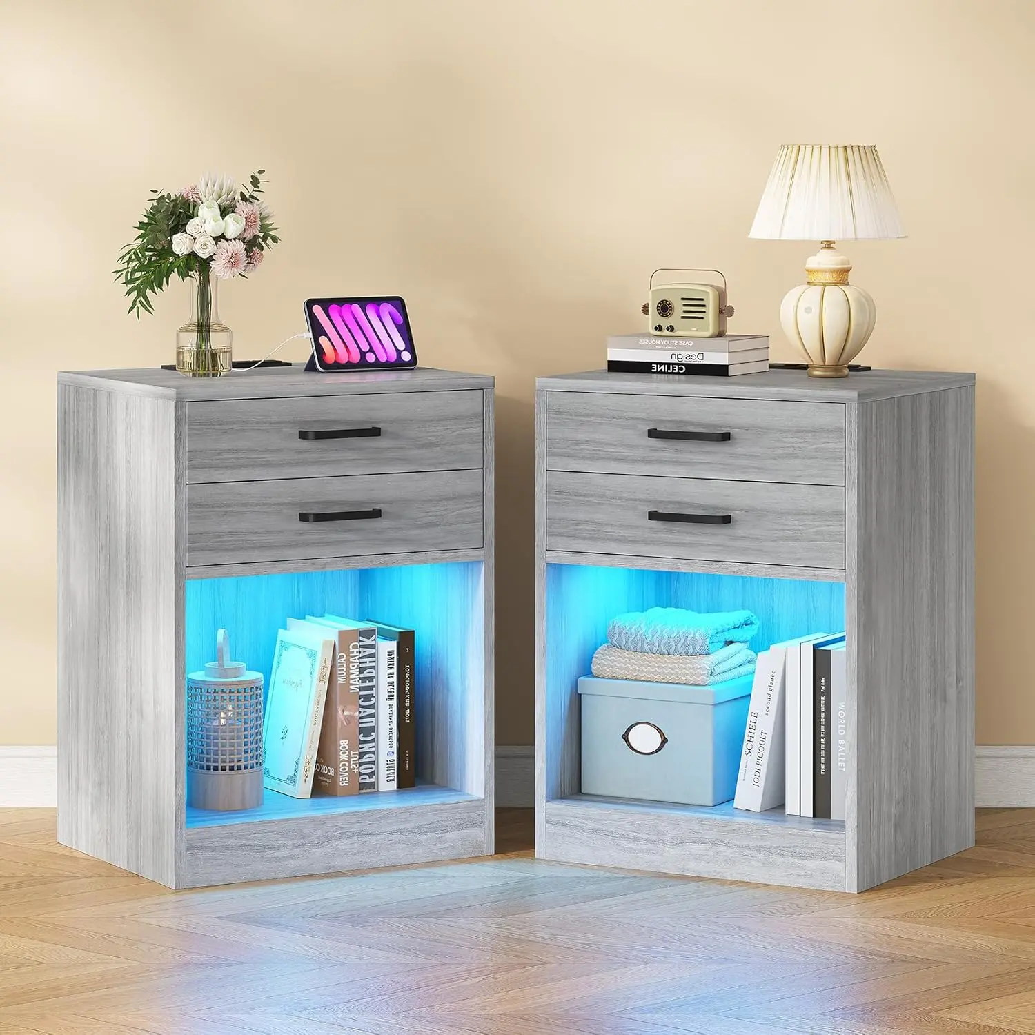 ADORNEVE Set of 2 Black LED Bedroom Nightstands, Indoor Bedside Tables with Charging Station, Power Outlets and Drawers, Table with Storage, Bedroom Nightstand