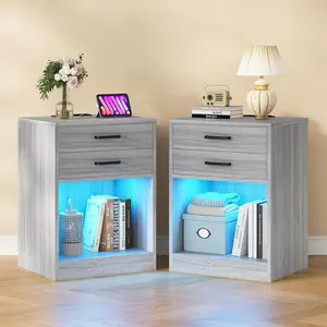ADORNEVE LED Nightstands Set of 2 with Charging Station Black Bedside Table with Power Outlets and Drawers