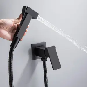 Square Brass Shattaf Spray Wall Mounted Single Lever Toilet Bidet Spray Kit with 1.2M Stainless Steel Water Hose in Matte Black, Chrome, Brushed Nickel, Brushed Gold