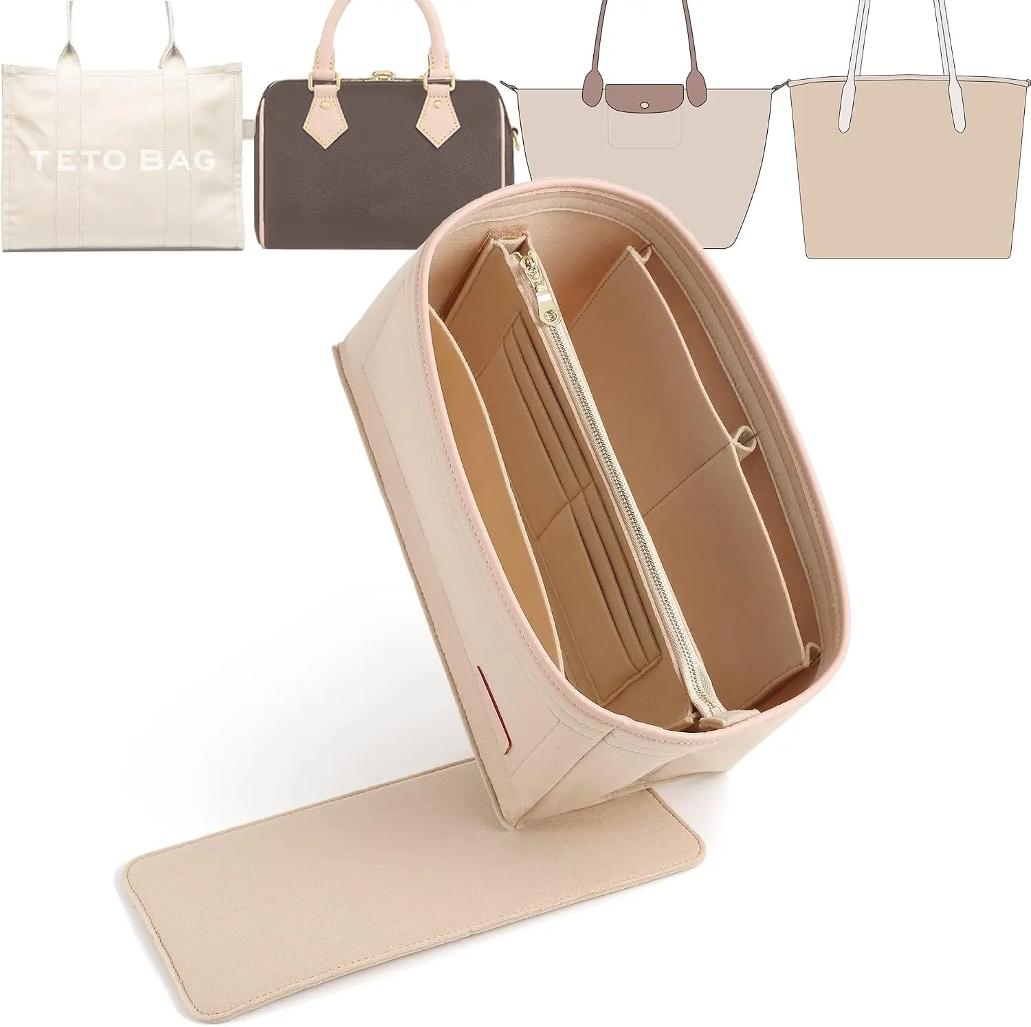 Felt Purse Organizer Insert & Base Shaper 2pc Set for Speedy 25, Beige