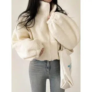 Women’s Sherpa Fleece Cropped Jacket — Loose Fit, Hoodie, Long Sleeves, Short Length, Sweet Winter Style