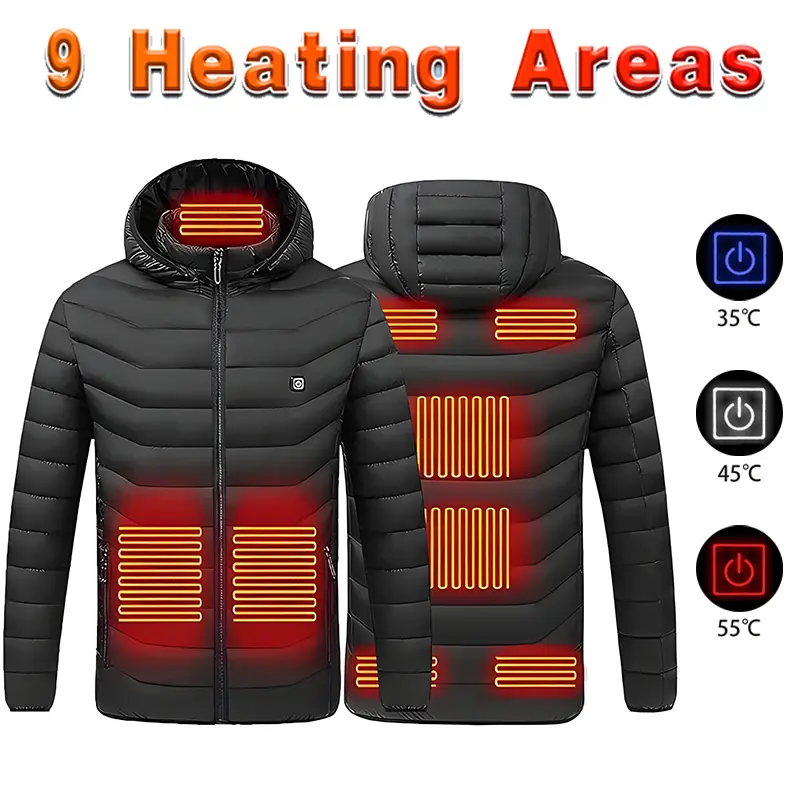 9 Zone Heated Coat for Men Women, Winter Electric Heating Jacket with Adjustable Heat Settings, USB Power Supply Compatibility and Comfortable Outerwear Design for Outdoor Jobs, Motorcycle Riding and Daily Wear.