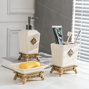 Light Luxury Minimalist Ceramic Ice Crack Pattern Creative Press-Type Hotel Home Bathroom Shower Gel Hand Soap Bottle Toothbrush Holder and Single Bath Accessory Set Bathroom Organizer