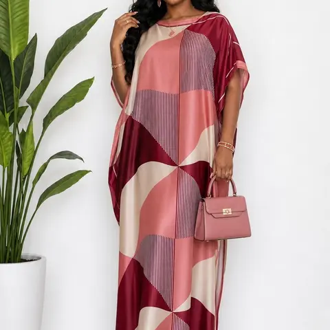 【MOOMOO】Women's Geometric Pattern 2-Piece Moo Moo & Scarf Set - Loose-Fit Long Robe, Sun-Protective Breathable Polyester, Soft Comfy, All Seasons Home & Beach Holiday Casual Wear, Style 007, Do Not Dry Clean