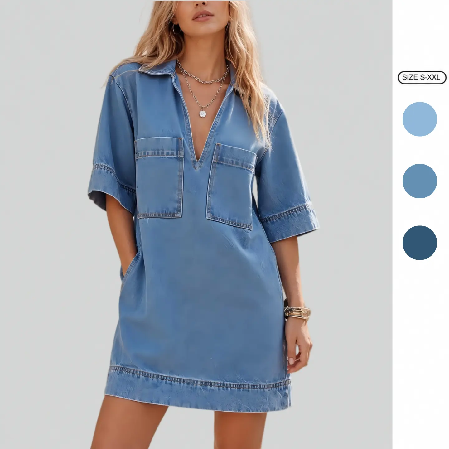 Imily Bela Womens Denim Shirt Dress Summer Collared V Neck Mini Casual Jean Dresses with Pockets