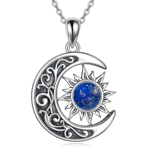 S925 Sterling Silver Sun and Moon Necklace - Lapis Lazuli Crescent Star Pendant Jewelry Women's Gift
