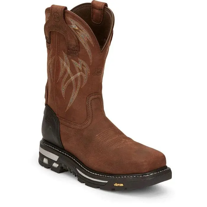 Men's 11-in Cowhide Leather Square Toe Pull-On Safety Work Boots - Waterproof, Composite Toe, Reflective Sole, Block Heel, High Visibility Walking Shoes for Truck Drivers, Workers, Footwear