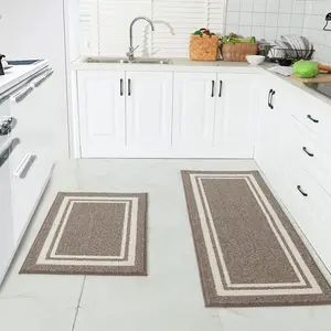 COSY HOMEER Kitchen Rugs Non-Slip 24x35/24x60 Inch Thick Polypropylene Standing Mat for Home Machine Washable, Brown Frame