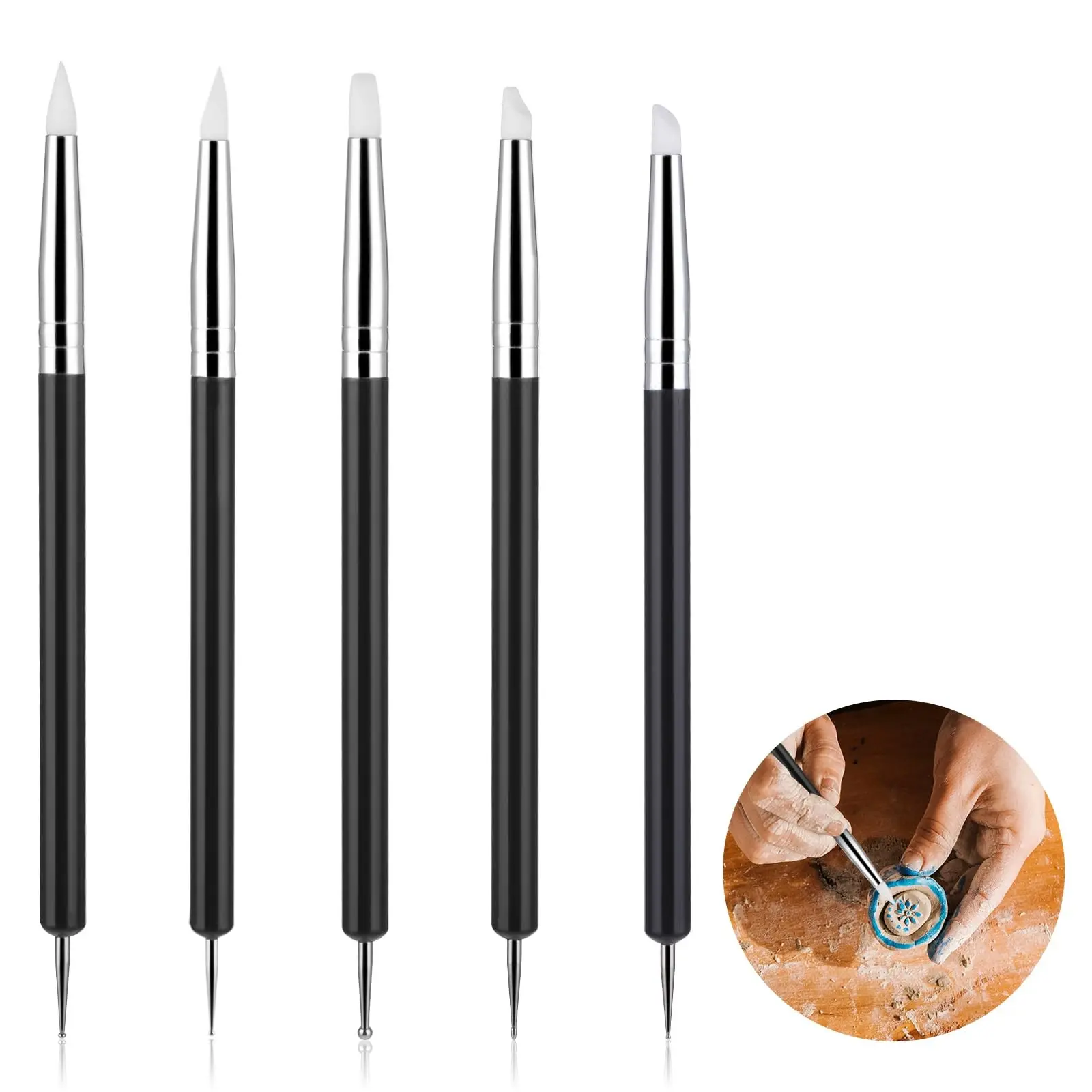5 Pcs Clay Sculpting Tools, Silicone Polymer Clay Tools Soft Rubber Tip Paint Brush Clay Modelling Carving Dotting Tool Clay Sculpting Kit Diy Kit Crafts Art Handicraft Handcraft