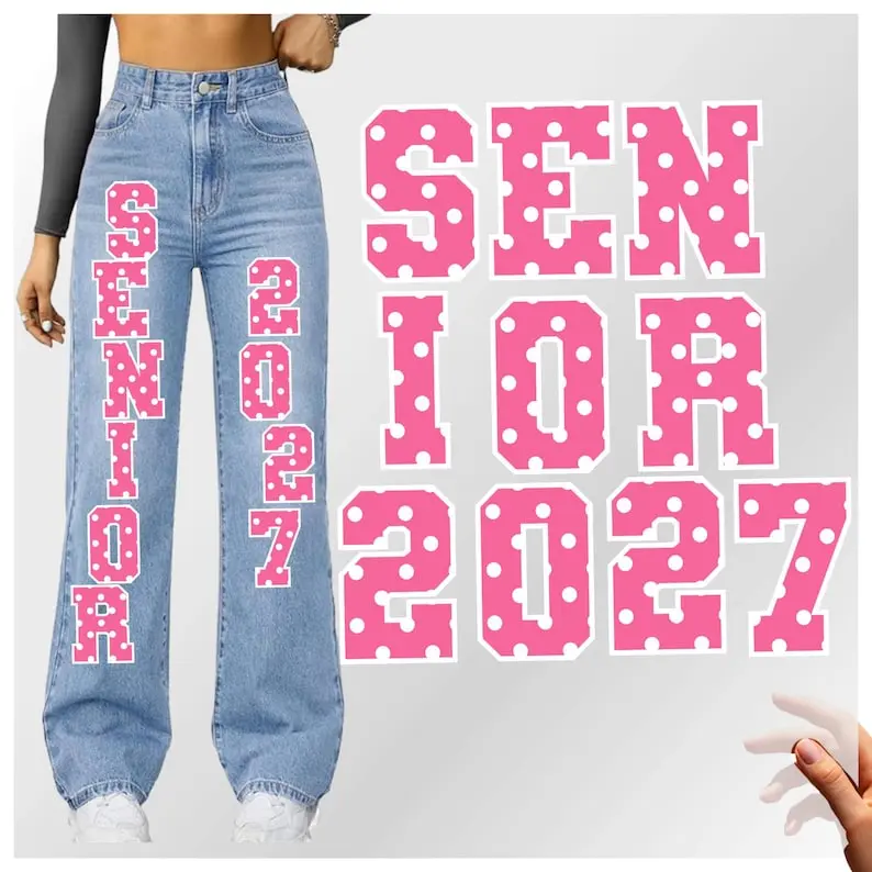 Senior Spirit Denim Iron-On Accessory, 2-Color Personalized Design for Homecoming DIY Printmaking Projects Floral Patchwork