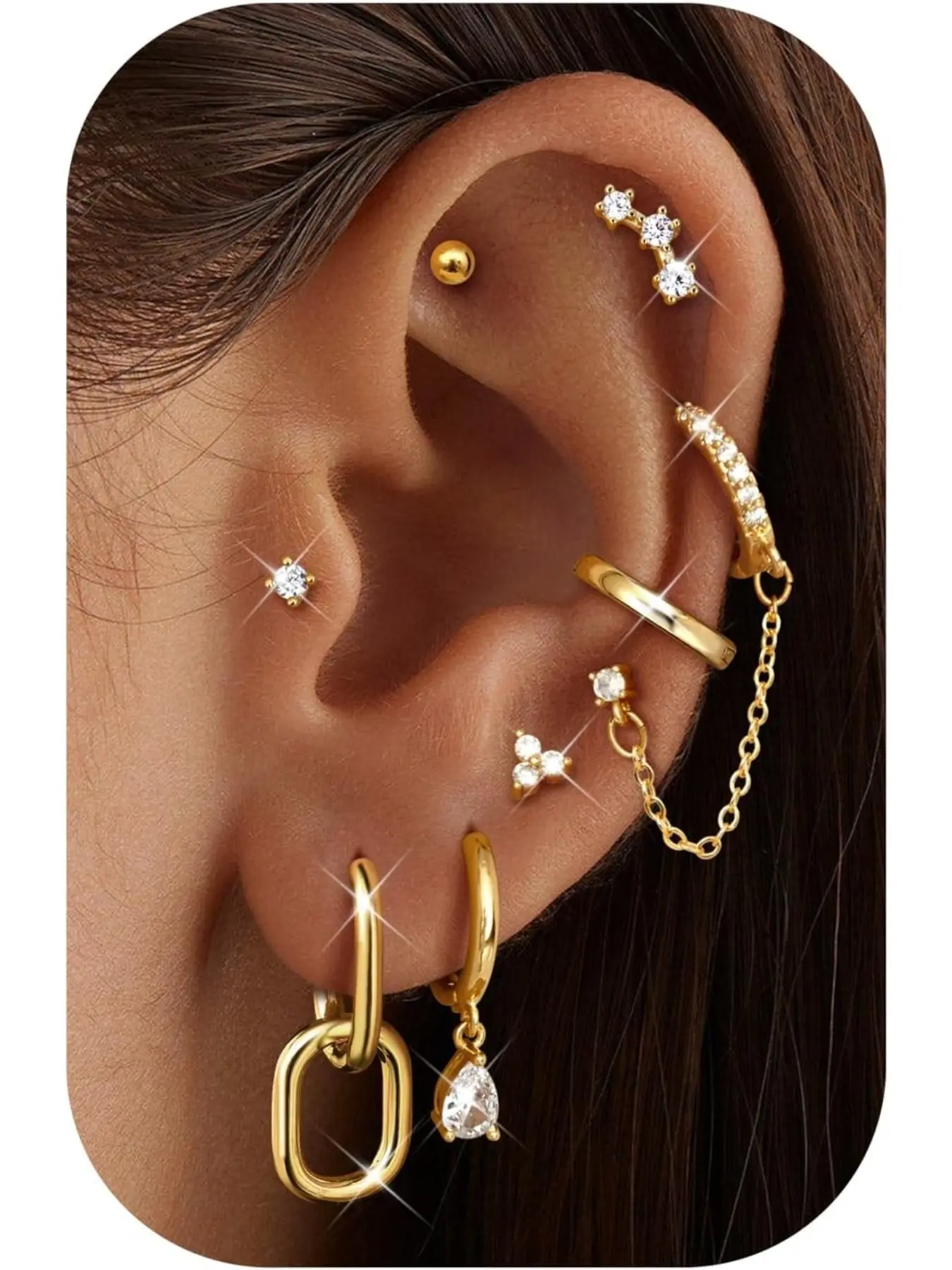 Hypoallergenic 14K Gold Plated Hoop Stud Earring Stacks for Women Trendy Earring Stacking Set - Chain Cartilage Earrings Cute Silver Huggie Earrings Sets for Multiple Piercing Jewelry Lightweight 8Pairs Stackable Earrings Earring Hoops
