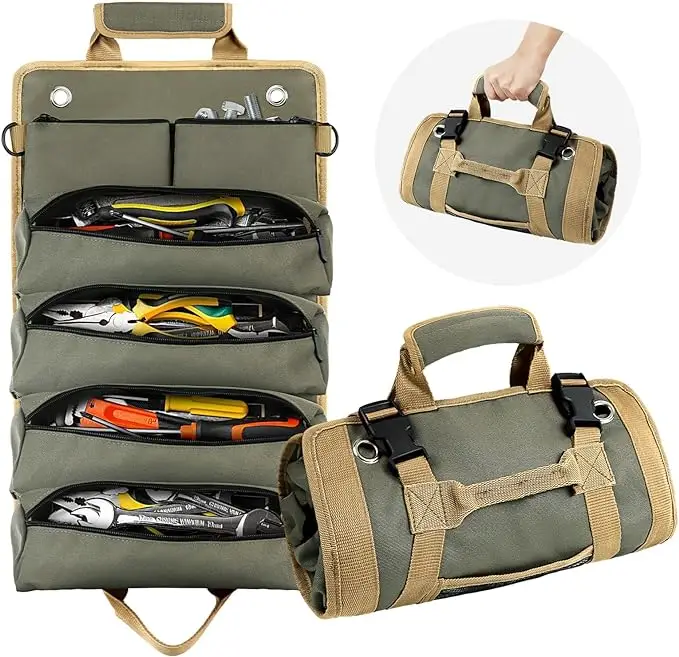 Versatile Tool Bag for Men,Roll Up Tool Organizer with 2 Detachable Pouches - Portable Tool Storage Box for Mechanics, Electricians, Motorcycle Enthus