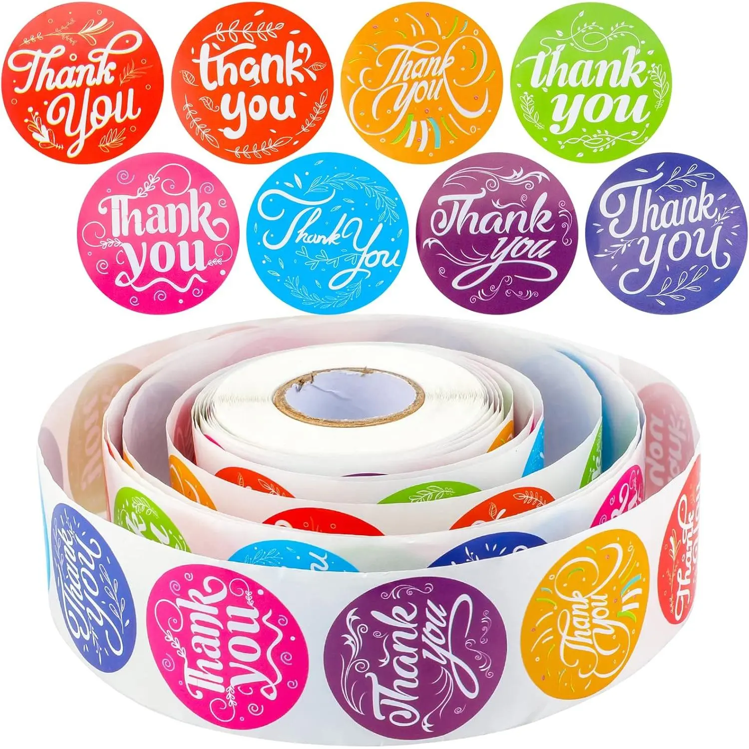 Thank You Stickers - 500 Colorful 1.5 inch Stickers,  for Small Business Packaging, Red, Green, Blue, Orange, Purple