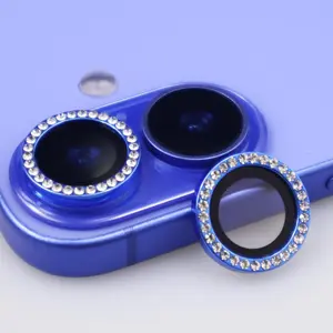 for  16/16 Plus Camera Lens Protector Bling Glitter  Metal  Tempered Glass Screen Accessories Rhinestones Lens Cover for  16 / 16Plus ( Blue)