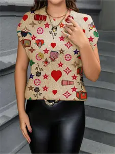 Geometric Heart Print Round Neck Sweater, Casual Short Sleeve Fitted Knitwear for Spring Summer Fall, Comfortable Warm Women's Clothing, Tops