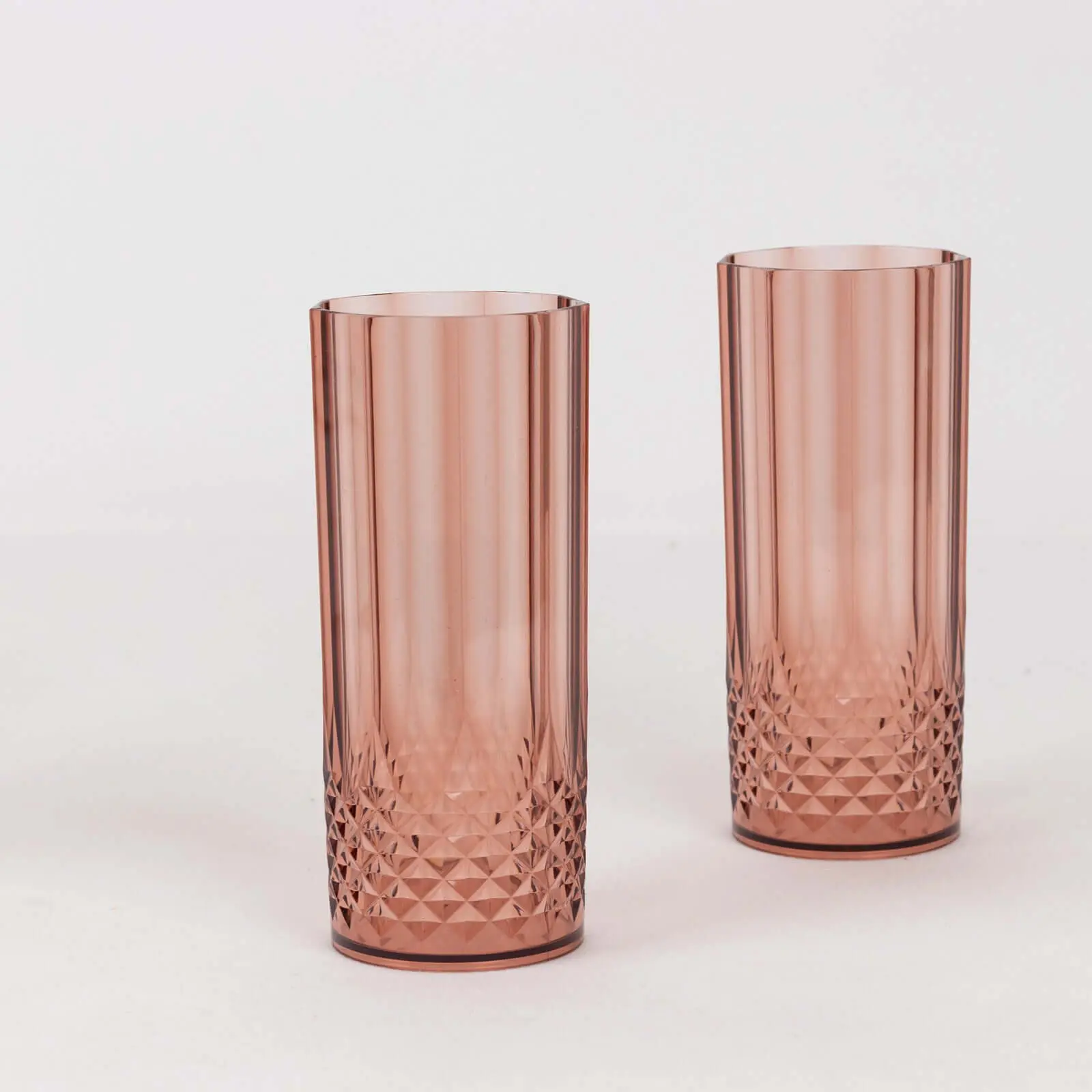 6-Pack Transparent Plastic Highball Drink Glasses 14oz, Crystal Cut Style Dusty Rose - Shatterproof Tall Cocktail Tumblers
