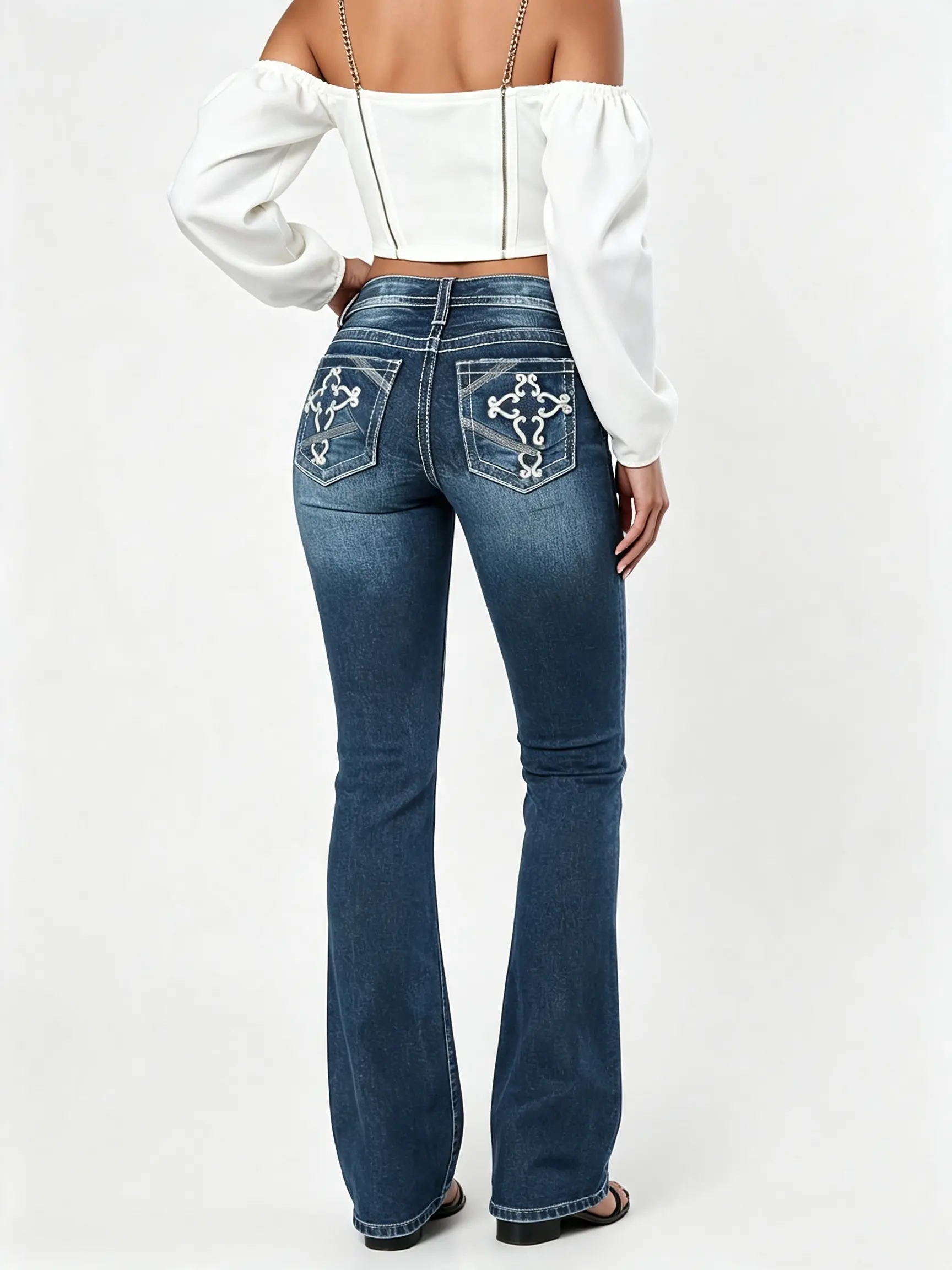 Bling Back Pocket Bootcut Jeans for Women,Luscious Curvy Fit, Embellished Mid-Rise Insta Stretch Denim