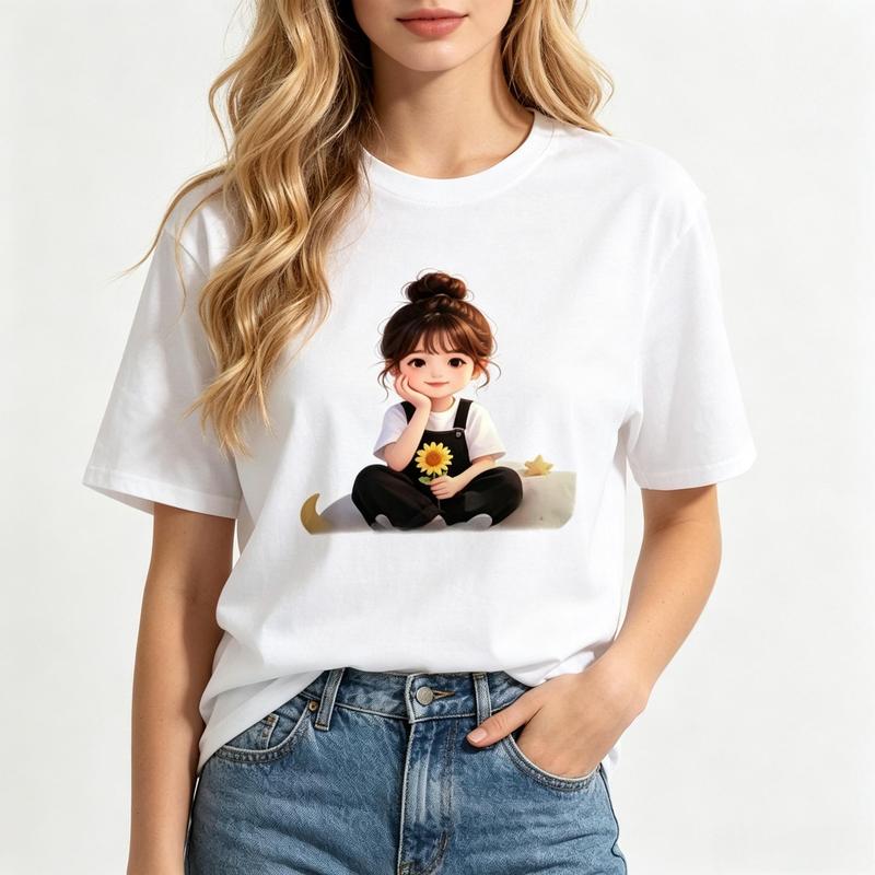 Women's Cotton Crew Neck Short Sleeve T-Shirt - Comfortable, Soft, Fitted, Cute Girl Overalls Sunflower Moon Print, Casual Kawaii Streetwear Summer Outfit