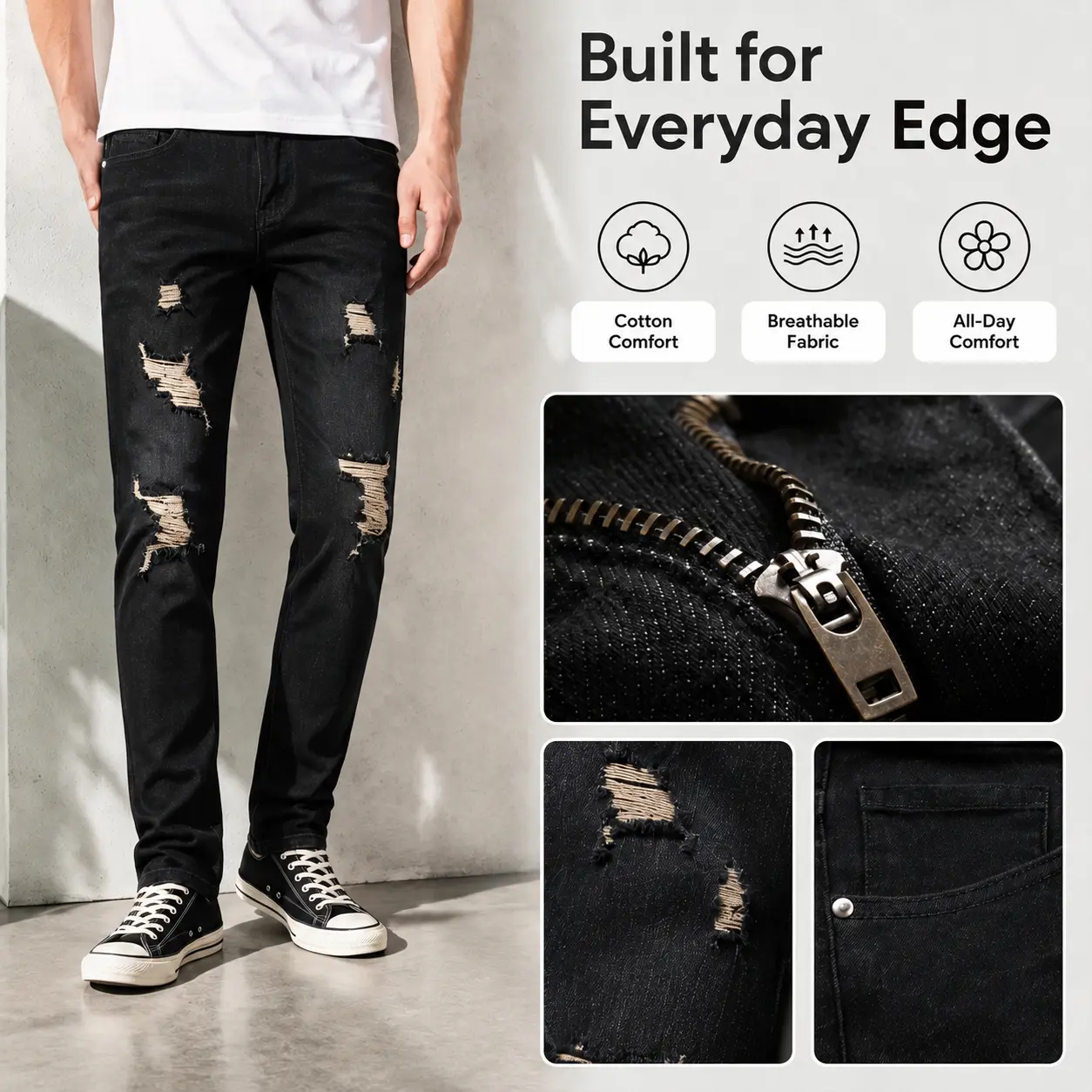 JUNBAOSS Men's Slim Straight Jeans, Street Style Distressed Stretch Denim with Ripped Color Patch Design and Flex Waist, Zipper, Personalized, Natural, Stylish, Black Orange, Classic, Casual, Sneakers, Tops, Flannel, Cotton, Menswear, Halloween, Smooth, S