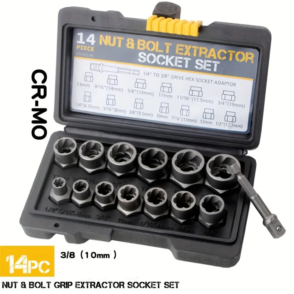 Extractor Socket Set, 14-Piece Multi-Size Kit for Damaged Bolts, Rust-Resistant Chromium Molybdenum Steel, 3/8-Inch Drive with Hex Wrenches