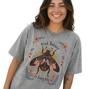 Vintage Boho Floral Beetle Graphic Tee Women's Heavyweight Washed Cotton Shirt Find Beauty In Every Day