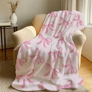 1pc Pink Bow Pattern Flannel Blanket Soft Cozy Blankets Extra Large Machine Washable All Season Blanket Comfort for Home Office Travel & Camping Gifts for Women Girls Friend Valentine Birthday Throw Blankets
