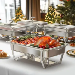 WARMOUNTS Large 9QT Chafing Dishes for Buffet with Glass Lid,  Rectangular Chafers and Buffet Warmers Set w/Mirror-Polished Stainless Steel, Rolled Rim, Foldable Frame, Lid Holder for Parties