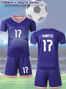 2 pieces of color-blocked jersey number 17 with name WIRTZ printed boys' short-sleeved football jersey V-neck T-shirt and shorts set, suitable as comfortable and fit sportswear for boys.