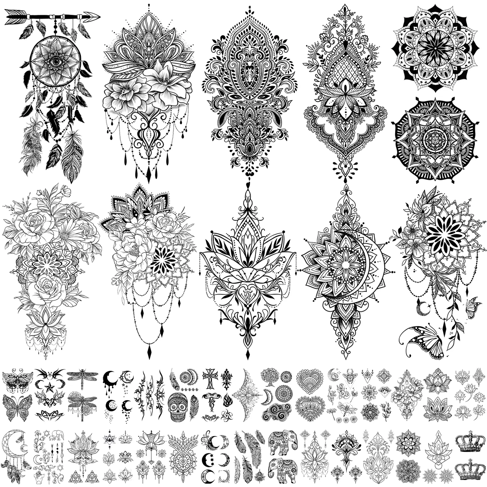 40 Pcs Assorted Temporary Tattoos for Women, Large & Small Floral, Mandala, Henna-Inspired Body Art Sticker Pack, Water-Resistant Fake Tattoo Kit