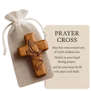 Handmade Wood Prayer Hands Crucifix - Pocket-Sized Christian Prayer Aid, Compact Handheld Religious Home Decor for Christian Believers, Simple Handcrafted Piece with Cross