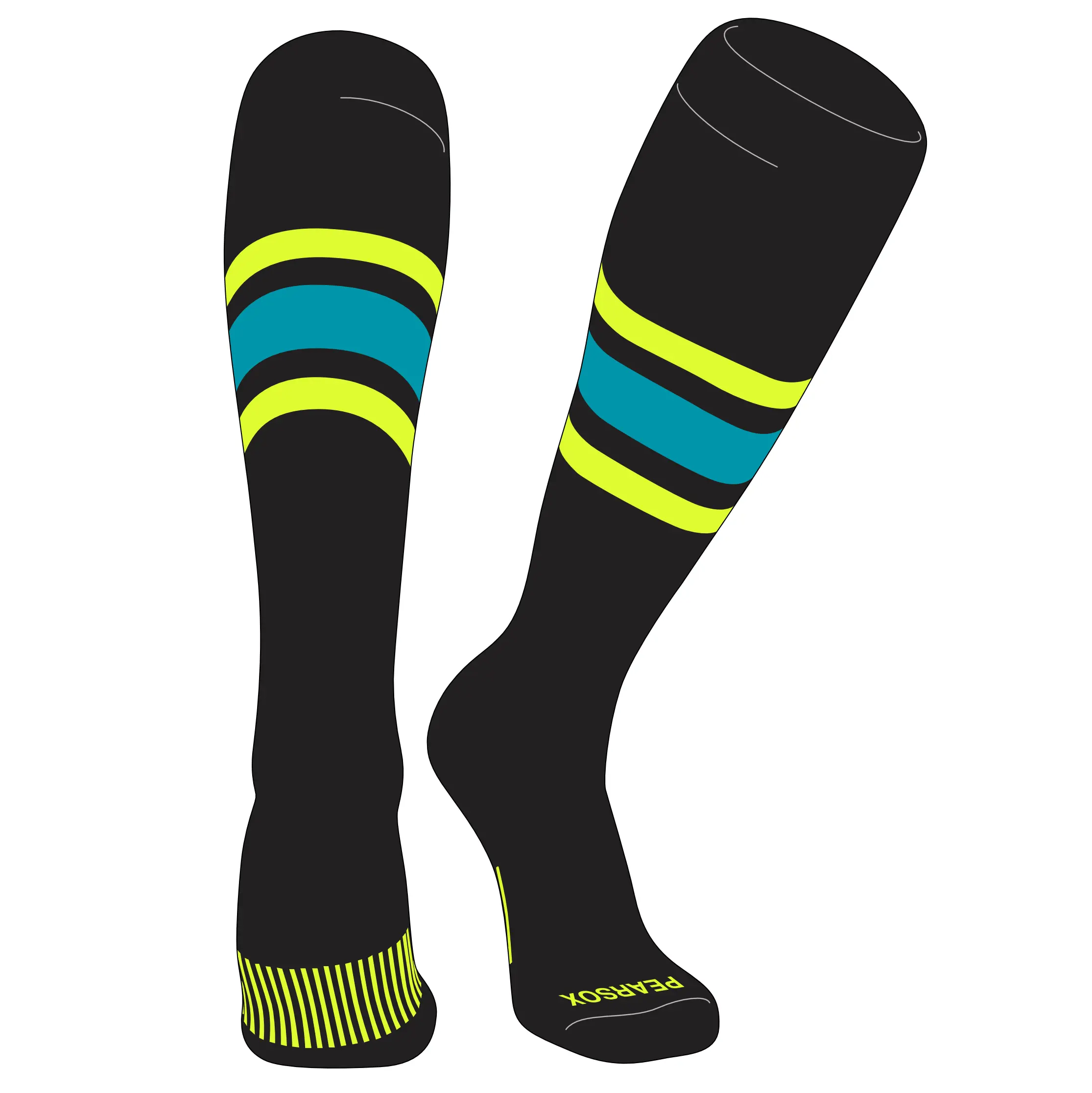 Pear Sox Striped Knee High Baseball, Football Socks (B) Black, Neon Yellow, Marlin Teal