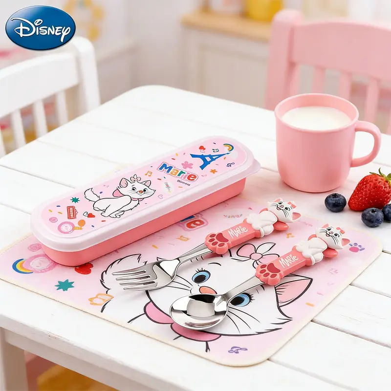 Disney Officially Licensed Duchess Marie Cat 3D Spoons and Forks Set Utensils, Food-Grade Non-Slip Handle, Portable Storage, Eco-Friendly, Perfect for Parties, Tableware Kit