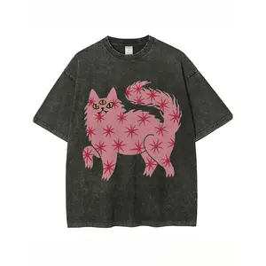 Women's Trendy Printed Washed T-shirt - 230g Thick, Retro Street Style, Round Neck, Short Sleeves, Machine Washable, Perfect for Spring and Summer Casual Wear, Unique Loose Fit, a Popular Everyday Style, a Perfect Gift for Holidays.