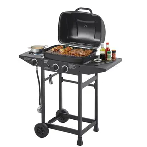 2 Burner BBQ Propane Gas Grill with Side Burner 24000 BTU Output Stainless Steel Barbecue Grill with Enameled Grates and Side Tables for Outdoor