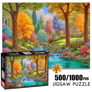 1pc 1000 piece adult puzzle 70x50cm Colorful Forest Landscape with Stream, Bridge and House 500 pieces of paper jigsaw puzzle, suitable for adults and families, large-scale DIY puzzle interactive t