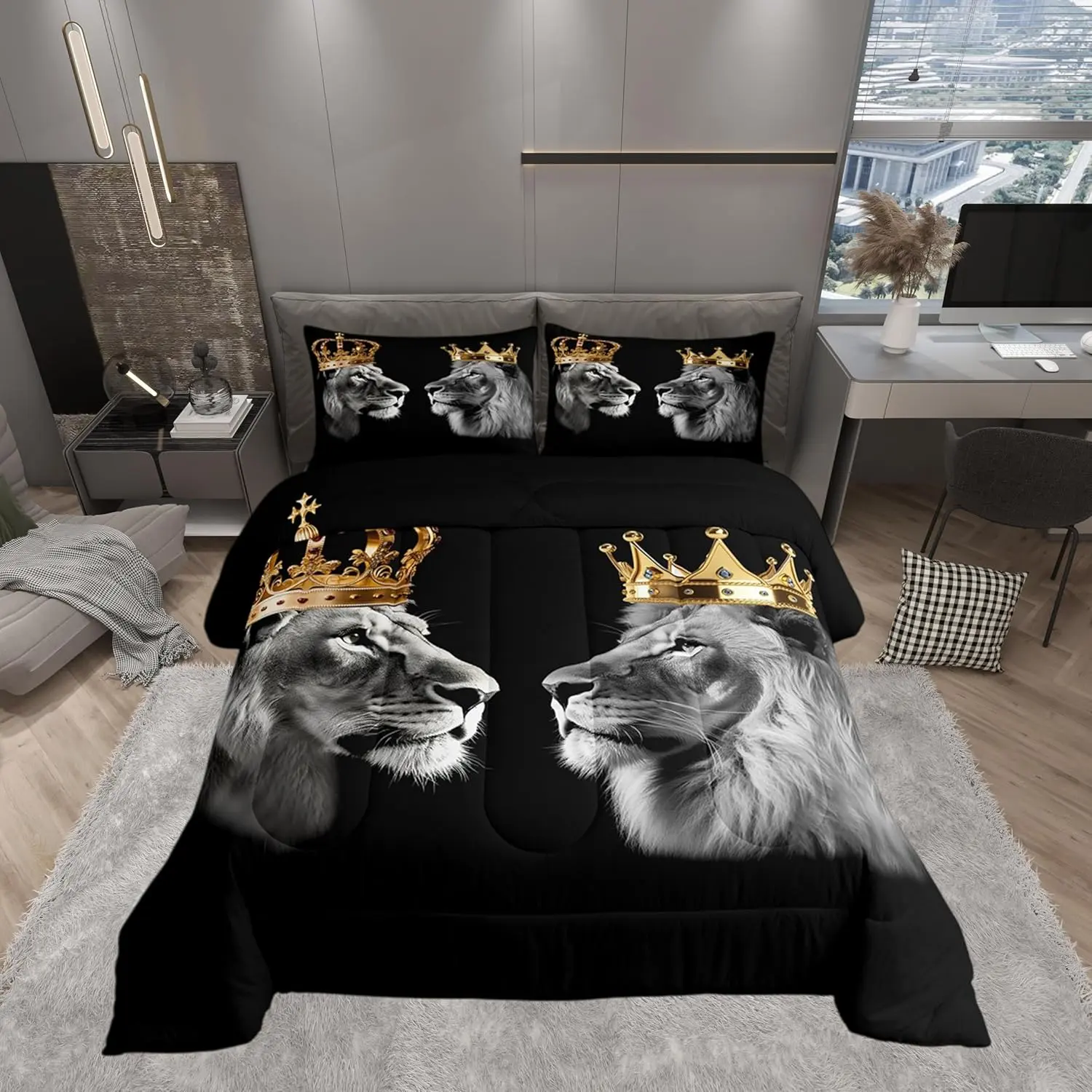 Feelyou Wild Lion Pair Microfiber Decorative Bedding Set - Gold Crown Quilt, Soft Blanket, Tropical African Animal Polyester Queen Comforter Bed Set for Kids Boys, Bed Comforter Set