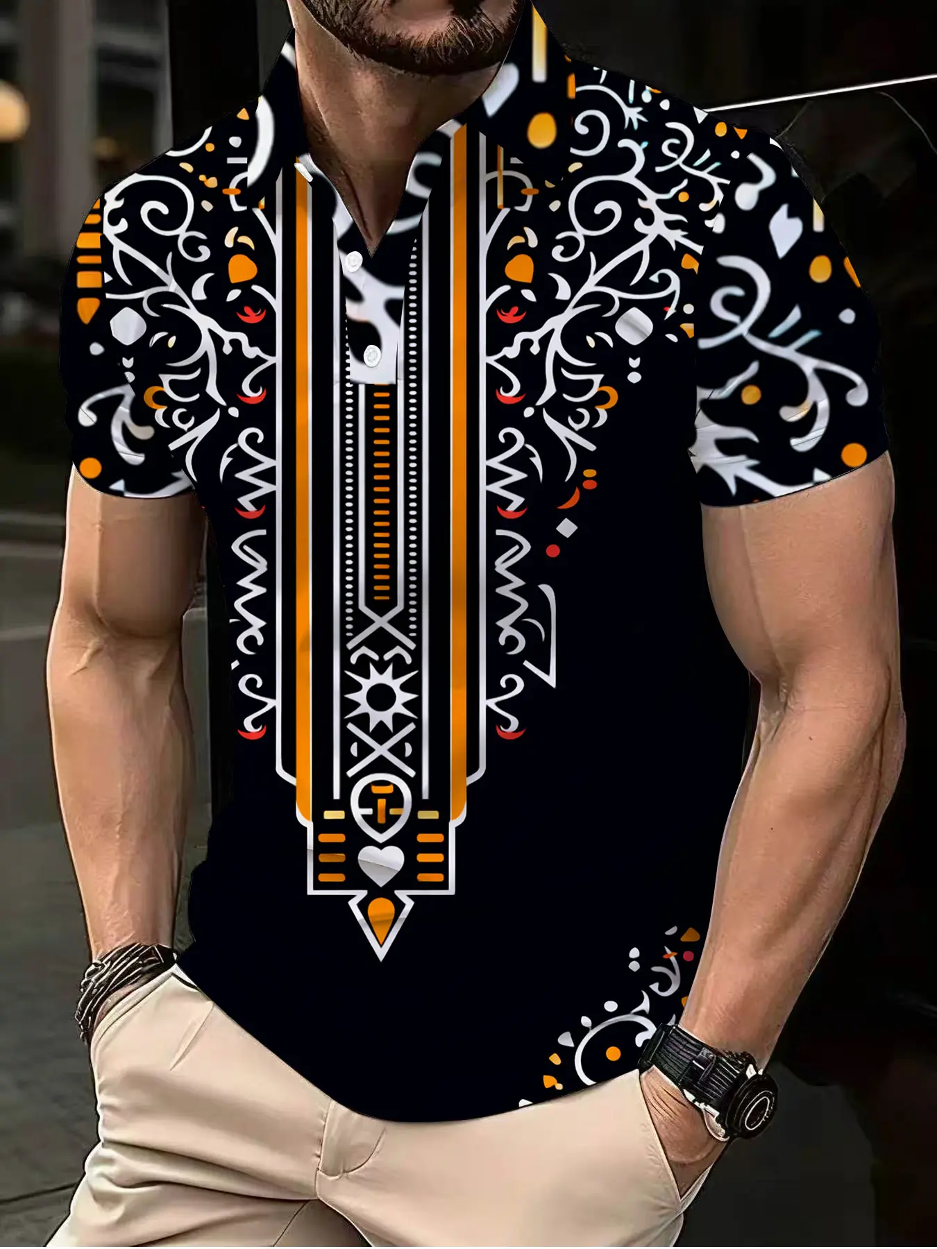 Men's Polo Shirt with African Tribal Ethnic Print on Black Background, Retro Exotic Casual Short-Sleeved Top