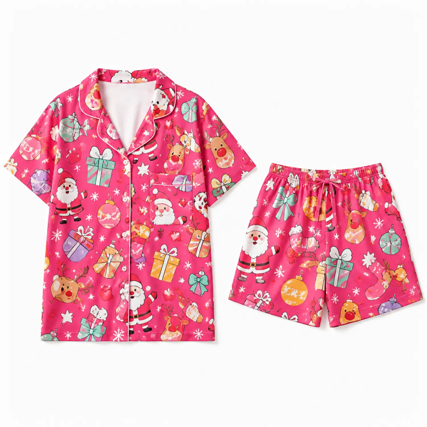 Women's Pink Christmas Print Pajama Set with Short-Sleeve Button-Down Top and Matching Shorts, Festive Holiday Sleepwear