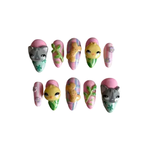 Kawaii Paw Claws Peel & Stick Press On False Nails Set - 3D Puppy, Chick Pastel Designs, Easy Application for Holiday, Birthday Nail Art Decoration, Press On Nails