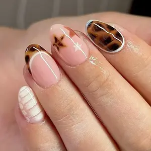 24pcs Short Oval Leopard Print Star French Design Acrylic Press-On Nails Set, Includes Jelly Glue and Nail File, Easy Wear, Perfect for Parties, Fake Nails