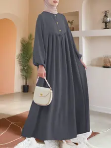Women's Modest Style Bubble Sleeve Puff Sleeves Natural Wood Color Button Casual Loose Long Muslim Dress, All Seasons Woven Fabric, Comfortable Fit